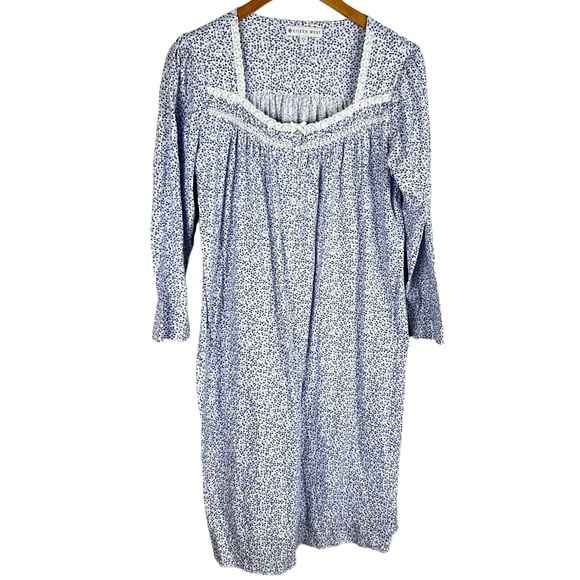 NWOT Eileen West Long Sleeve Cotton Nightgown Blue Floral Lace New without Tags - Picture 1 of 6